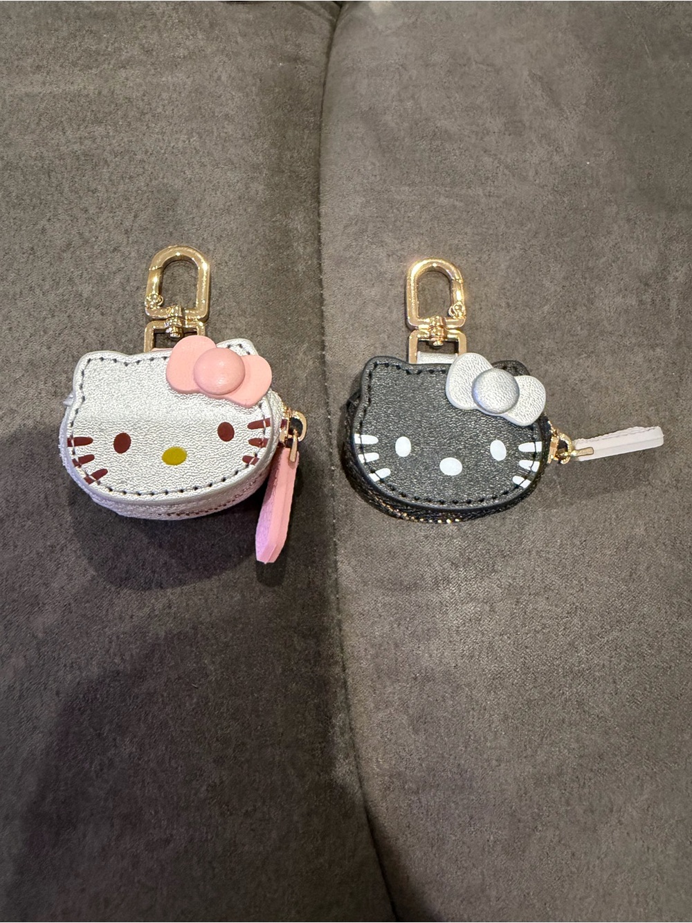 Hello Kitty Mini Cat Face Coin Pouch Keychain Duo - Silver, Black & Pink Accents